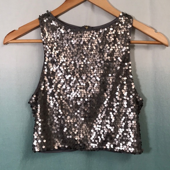 Express Tops - Express-size XS, sequin, taupe/gray, cropped top